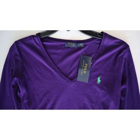Polo Ralph Lauren 211632862016 Women's Sz Small Purple Ribbed V-Neck L/S T-Shirt - Picture 4 of 6